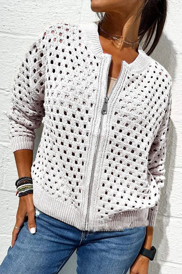 Solid Color Casual Knit Hollow Zipper Jacket