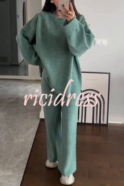 Solid Color Loose Long-sleeved Knit Top and Elastic Waist Casual Straight Leg Pants Set