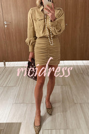 Soraya Epaulette Button Design Long Sleeve Ruched Hem Shirt Mini Dress
