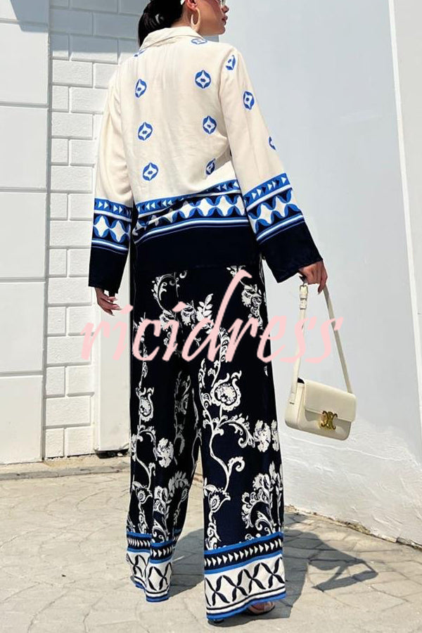 Unique Printed Lapel Long-sleeved Loose Top and Elastic Waist Casual Wide-leg Pants Set