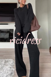 Autumn Travel Knit Cable Long Sleeve Sweater and Elastic High Waist Wide Leg Pants Set