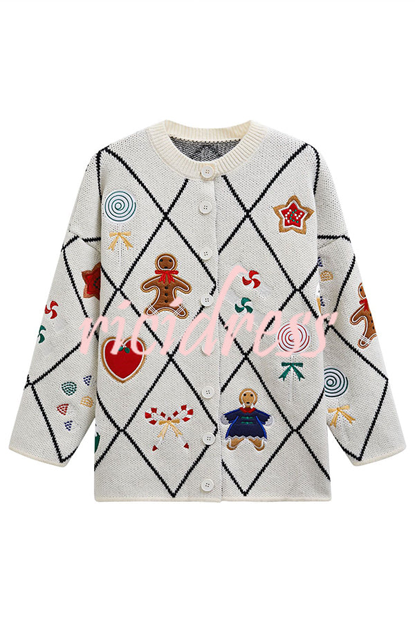 Argyle Candy Gingerbread Man Embroidered Button-knit Cardigan