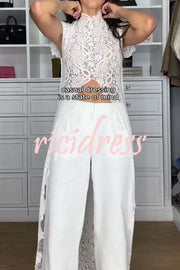 Elegant Personality Floral Lace Short Sleeve Front Slit Maxi Top