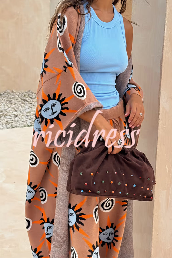 Mediterranean Art Knit Unique Sun Vortex Print Bell Sleeve Long Cardigan