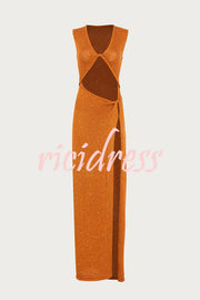Beautiful Figure Shiny Knit Fabric Cutout Side Slit Stretch Vacation Maxi Dress