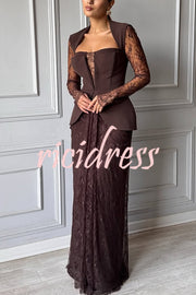 Belle Contrast Sheer Lace Fabric Patchwork Square Neck Long Sleeve Drape Maxi Dress