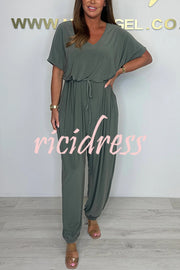 Solid Color V-neck Short-sleeved Waist-tied Loose Casual Jumpsuit