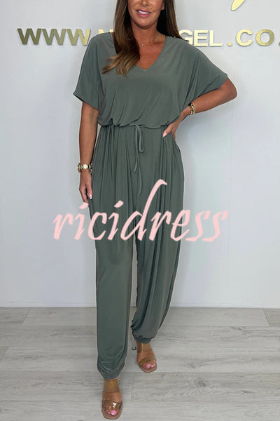 Solid Color V-neck Short-sleeved Waist-tied Loose Casual Jumpsuit