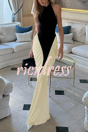Fashionable Contrast Color Open Back Side Pleated Draped Maxi Dress