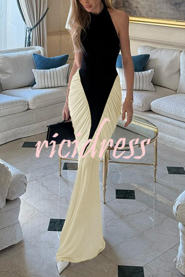 Fashionable Contrast Color Open Back Side Pleated Draped Maxi Dress