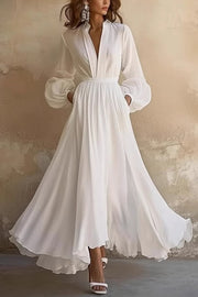Solid Color V-neck Long Sleeve Casual Waist Midi Dress