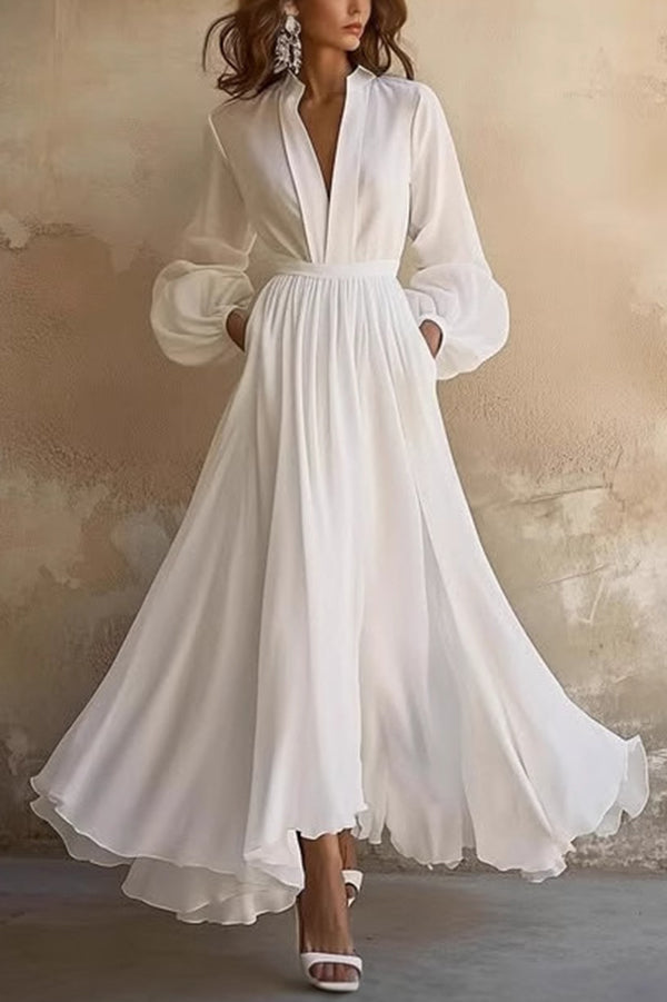 Solid Color V-neck Long Sleeve Casual Waist Midi Dress