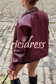 Y2K Burgundy Faux Leather Pocketed Zipper Loose Jacket