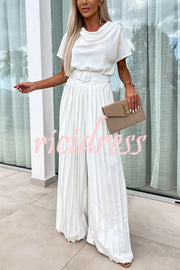 Ivy Cowl Neck Short Sleeve Belt Pleated Loose Wide Leg Jumpsuit
