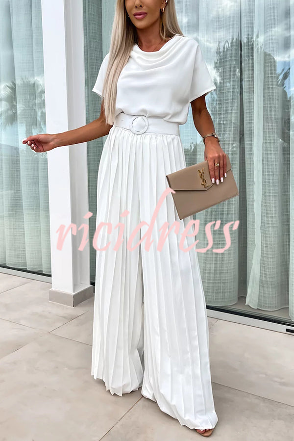 Ivy Cowl Neck Short Sleeve Belt Pleated Loose Wide Leg Jumpsuit