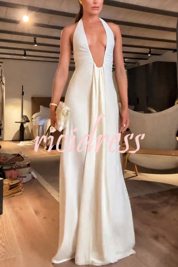 Sexy Silhouette Deep U-neck Halter Waterfall Sash Drape Maxi Dress