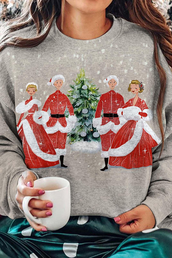 Christmas Print Round Neck Long Sleeve Pullover Sweatshirt