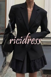 Solid Color Lace Panel Long Sleeve Button Elegant Blazer