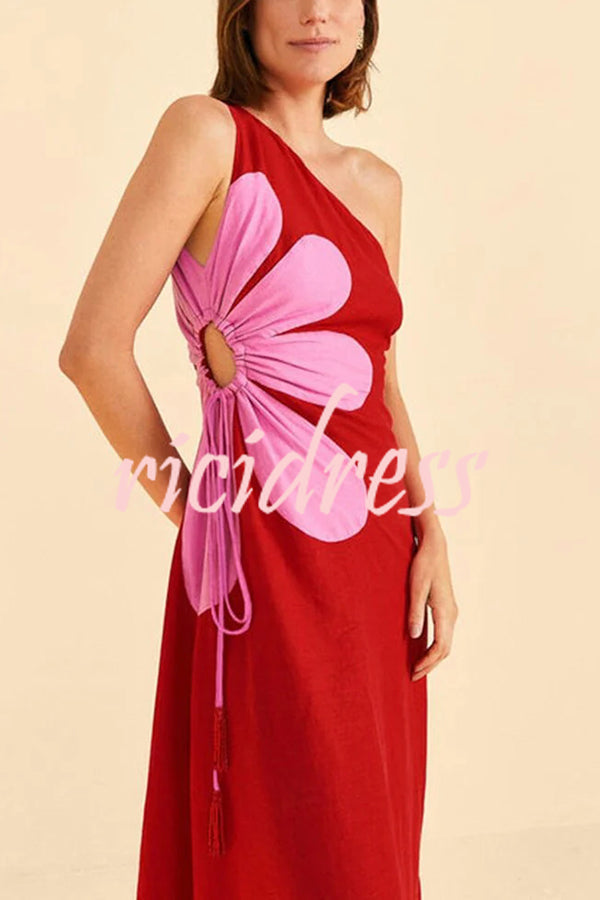 Evangeline Contrast Floral Print One Shoulder Cutout Lace-up Midi Dress