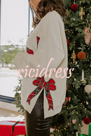 Merry Plaid Embroidered Bow Long-Sleeve Loose Sweatshirt