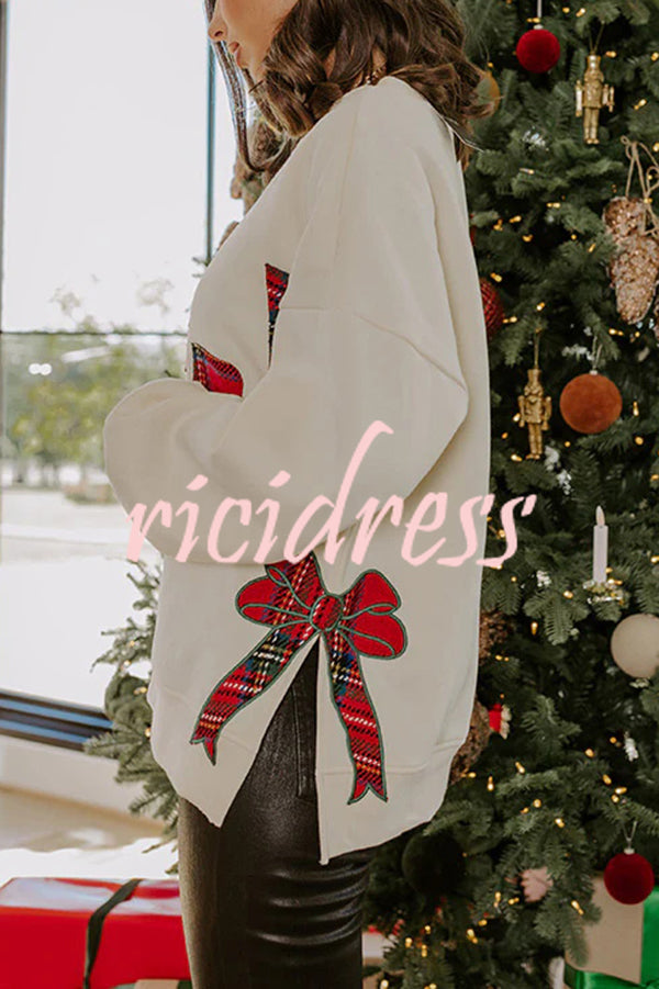 Merry Plaid Embroidered Bow Long-Sleeve Loose Sweatshirt