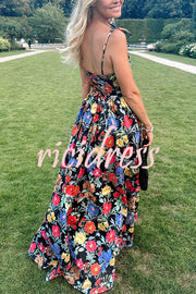 Garden Wedding Floral Print Back Tie-up Pocketed Slit Maxi Dress