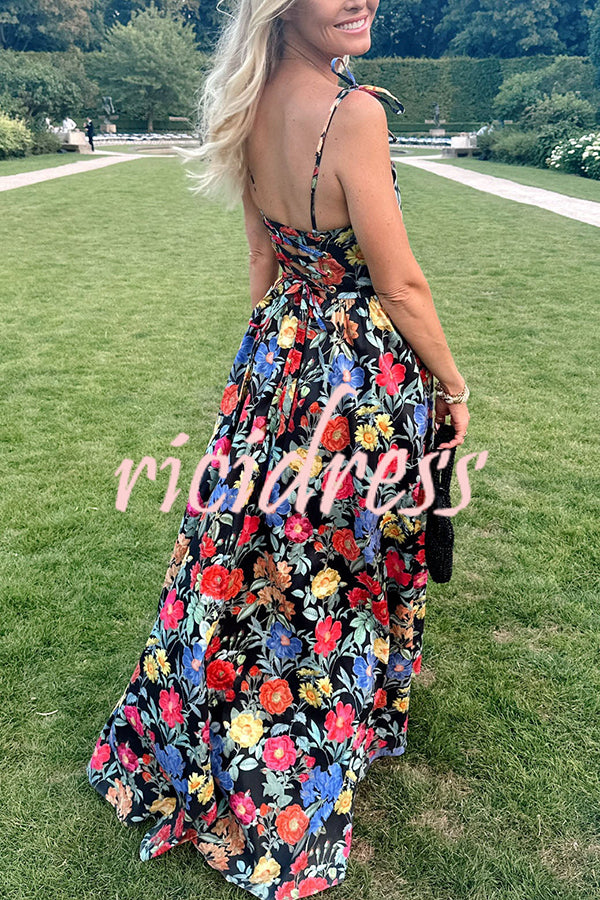 Garden Wedding Floral Print Back Tie-up Pocketed Slit Maxi Dress