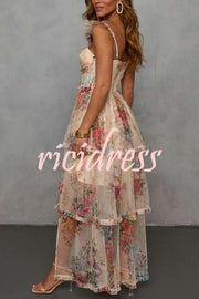 Romantic and Elegant Mesh Floral Back Smocked Tiered Ruffle Maxi Dress