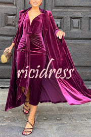 Olivienne Luxurious Velvet Padded Shoulders Slit Sleeve Lapel Midi Cape