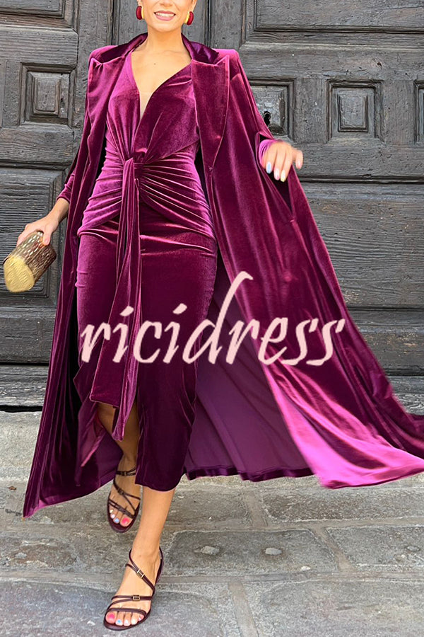 Olivienne Luxurious Velvet Padded Shoulders Slit Sleeve Lapel Midi Cape