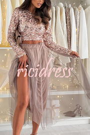 Holiday Party Sequin Long Sleeve Back Satin Tie-up Crop Top