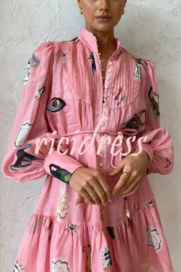 Unique Print Single Breasted Balloon Sleeve Tie Waist Ruffled Mini Dress