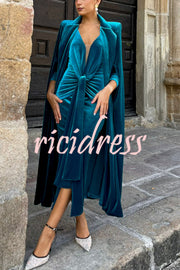 Elisabeth Luxurious Velvet Padded Shoulders Long Sleeve Twist Waist Drape Midi Dress