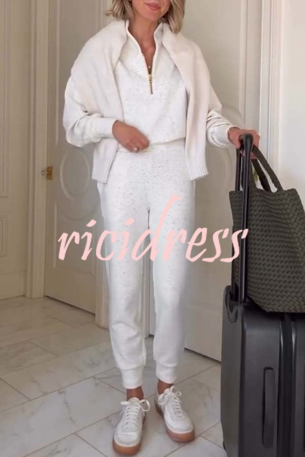 Ivory Marl Fleck Half-Zip Neck Long Sleeve Sweatshirt and Elastic Waist Pocket Jogger Set