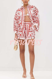 Like Paradise Floral Print Wide Sleeve Shirt and Elastic Waist Pocketed Shorts Set