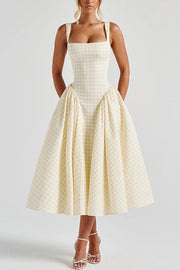 Playful Elf Gingham Square Neck Back Smocked Lace-up Midi Dress