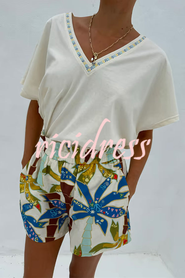 Linen Blend Resort Coconut Palm Print Long Sleeve Lapel Shirt and Elastic Waist Casual Pocket Shorts Set