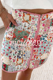 Vintage Patchwork Flower Print Front Zipper Pocketed Quilted Knit Mini Skirt