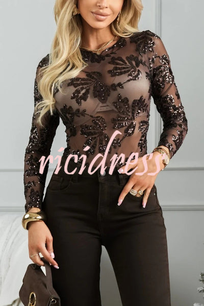 Dazzling and Sparkle Mesh Floral Sequin Long Sleeve Stretch Bodysuit