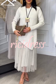 Jensine Ribbed Knit Irregular Loose Sweater and Pleated Tulle Tank Midi Dress Two-piece Set