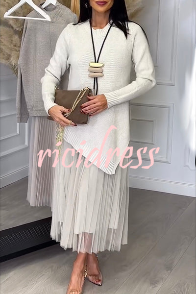 Jensine Ribbed Knit Irregular Loose Sweater and Pleated Tulle Tank Midi Dress Two-piece Set