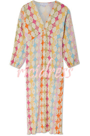 Gorgeous Sunshine Colorful Unique Print Kimono Puff Sleeve Midi Dress