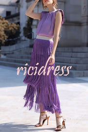 Elegant Tassel Hem Elastic Waist Casual Maxi Skirt
