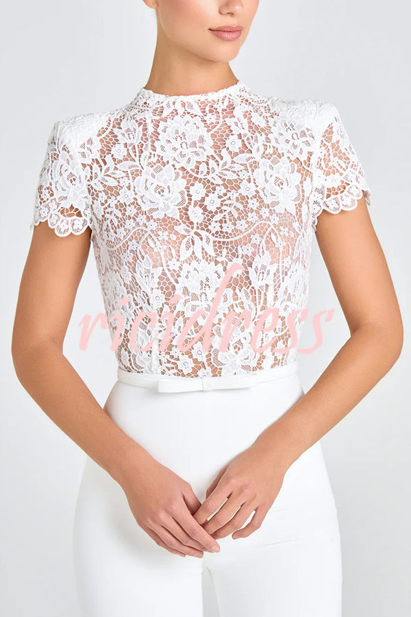 Party Charmer Flower Lace Patchwork Short Sleeve Bow Belted Flare Jumpsuit