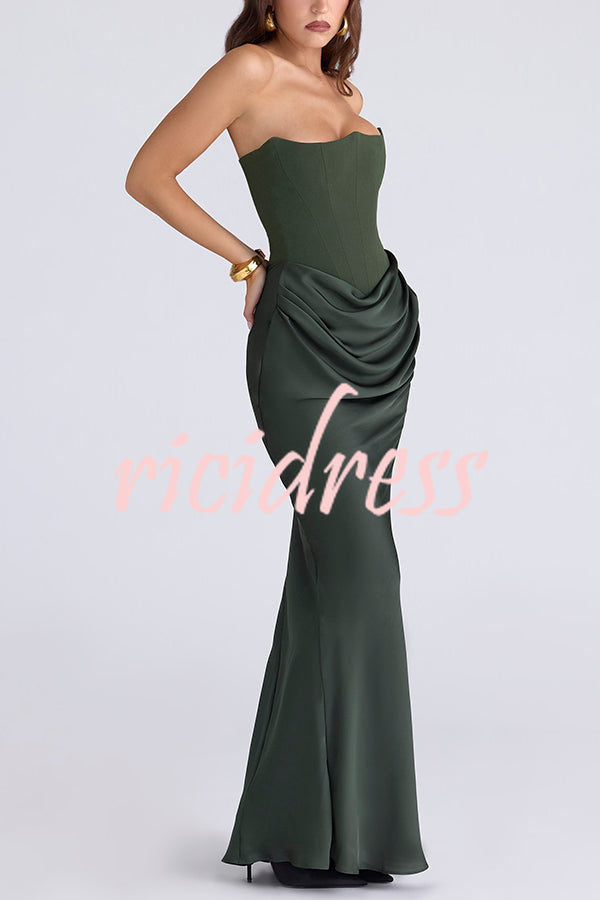 Attend The Gala Strapless Corset Satin Ruched Hip Drape Maxi Dress