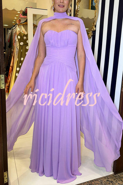 Lavender Scent Chiffon Ruched Strapless Removable Cape Maxi Dress