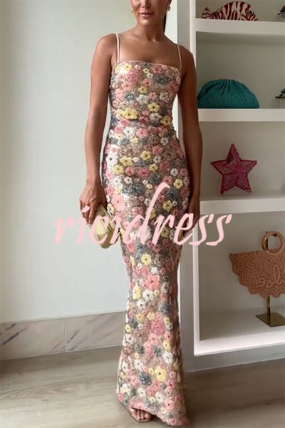 80's Inspired Floral Print Sequin Square Neck Slip Stretch Maxi Dress