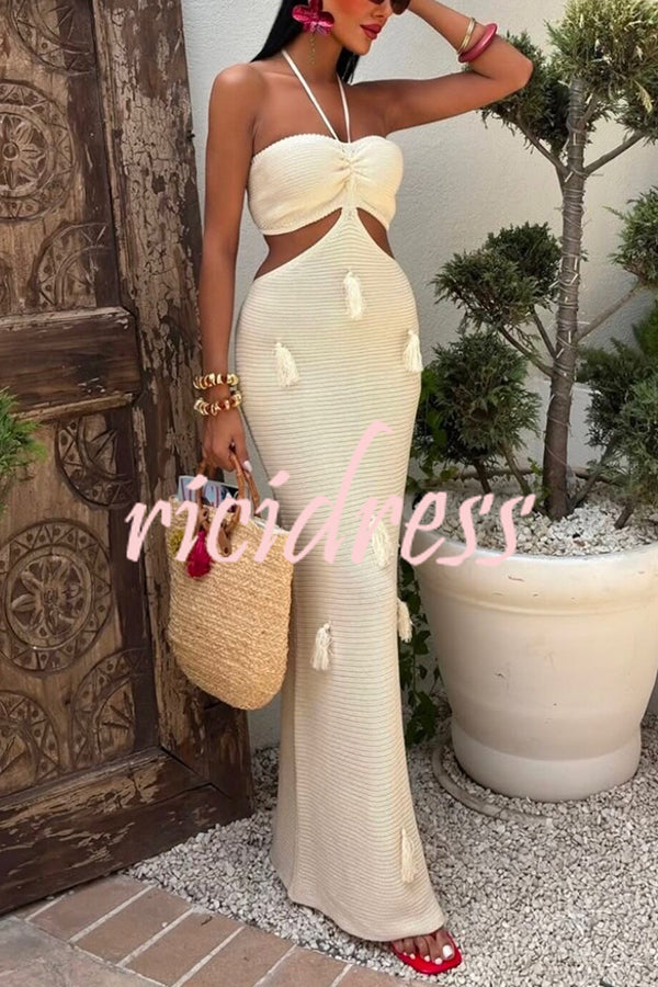 Fashion Halterneck Waist-baring Tassel-embellished Knitted Maxi Dress
