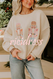 Nutcracker Nights Cross Stitch Knit Long Sleeve Loose Sweater