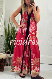 Vanna Unique Tropical Print Black Patchwork Detail A-line Maxi Dress